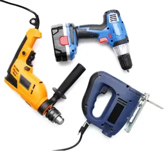 Collection of tools including cordless drill, power drill, and a jigsaw.