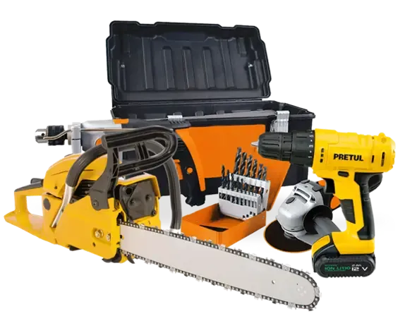 Collection of tools including a chainsaw, drill, toolbox, and drill bits arranged together.