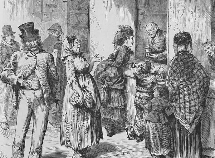 A drawing around the Great Depression where people are gathering to do commerce in the town square. An old man is helping a women customer with her merchandise.