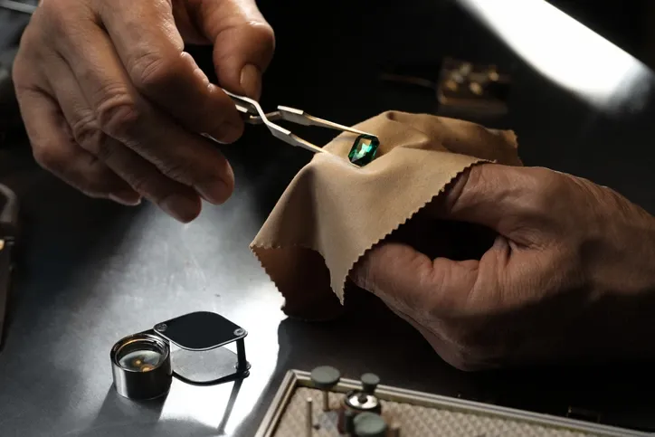 A closeup shot of a man’s hand holding a gemstone with a cloth and tweezers in hand is being inspected for authenticity.
