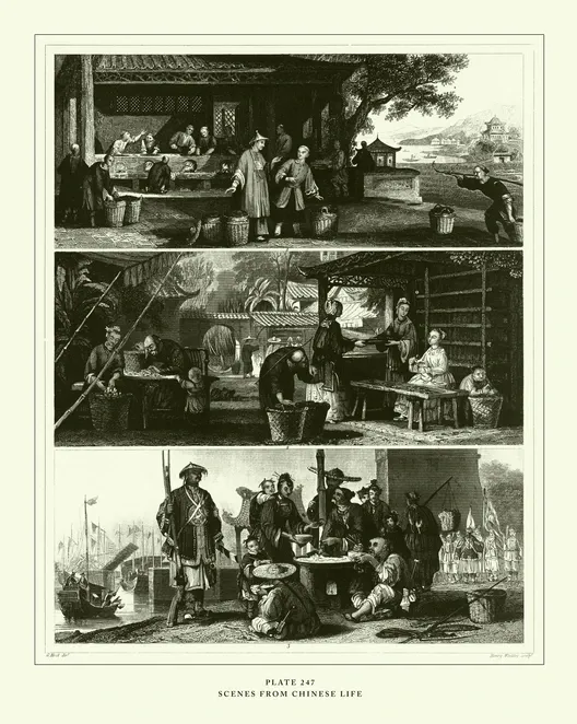3 wide images are stacked on top of each other. The images are of ancient China commerce spaces.